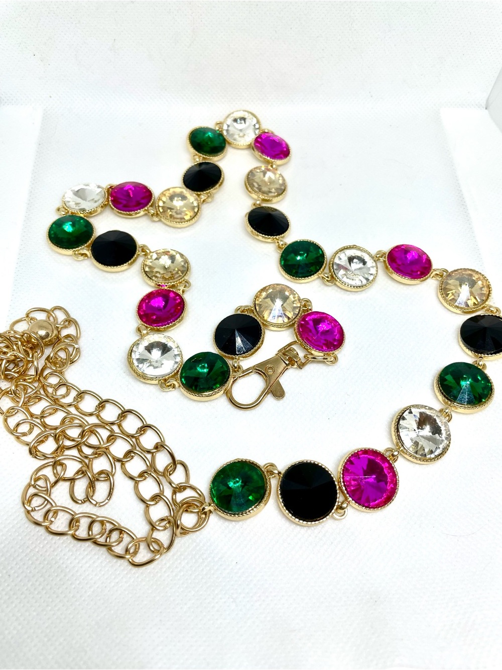 Jeweled Rhinestone Gold Chain Belt Multicolor Statement Adjustable 48”